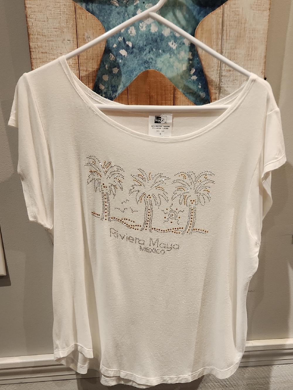 EUC Mr Buho Riviera Maya Mexico Embellished White Women's Tee Sz S